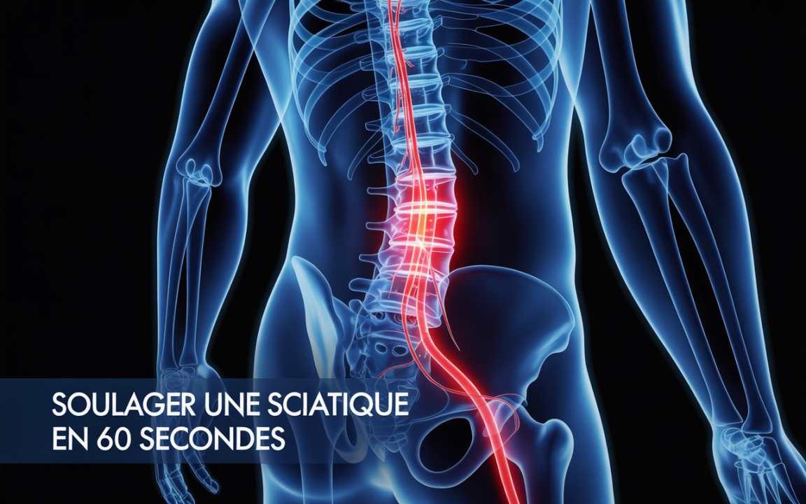 Image d'une silhouette humaine en transparence, mettant en évidence la colonne vertébrale et le bassin, avec un texte sur le soulagement de la sciatique.