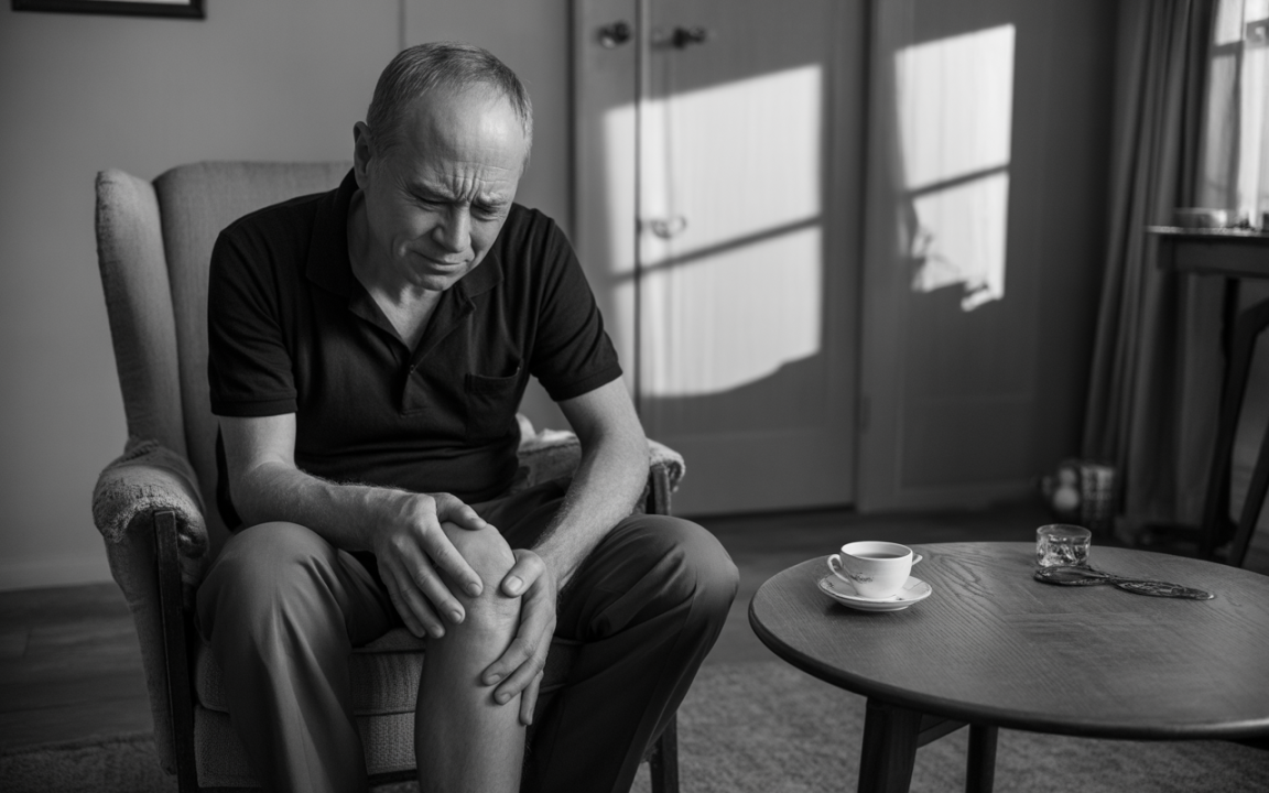 Homme assis sur une chaise, se tenant le genou avec une expression de douleur. Une tasse de café sur une table à proximité.