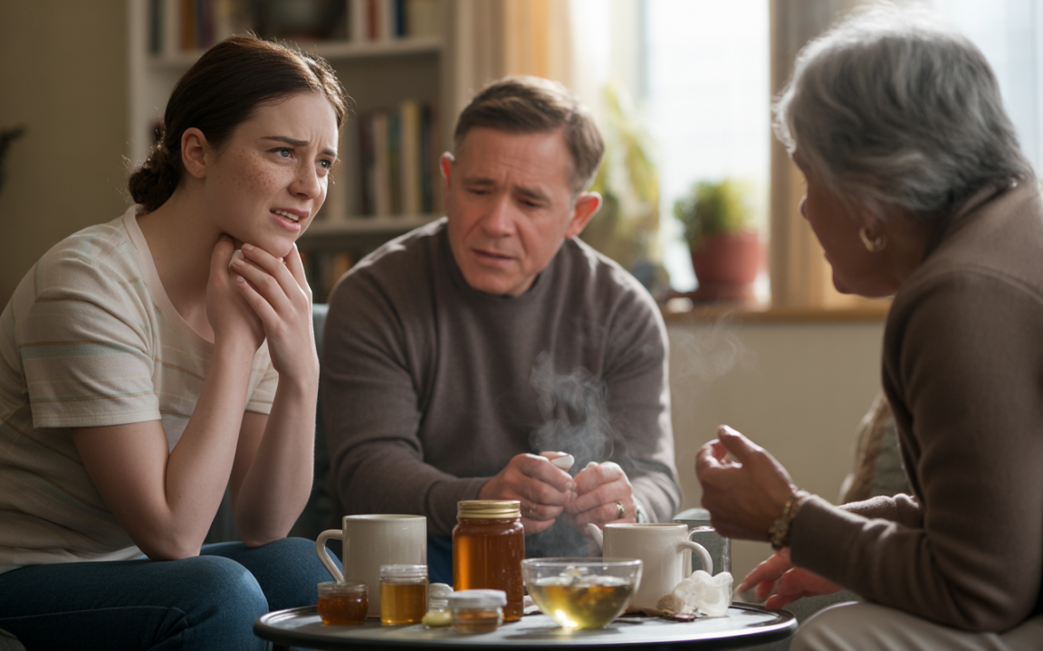 Trois personnes assises autour d'une table, discutant sérieusement. Des tasses et des pots de miel sont disposés devant elles dans une ambiance chaleureuse.