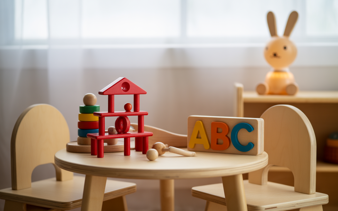 Tableau de jouets en bois avec un alphabet coloré, une maison en blocs rouges, des empilables, et un jouet en forme de lapin.