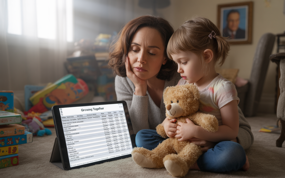 Une mère et sa fille regardent un tableau sur une tablette, entourées de jouets, dans une pièce lumineuse et chaleureuse.