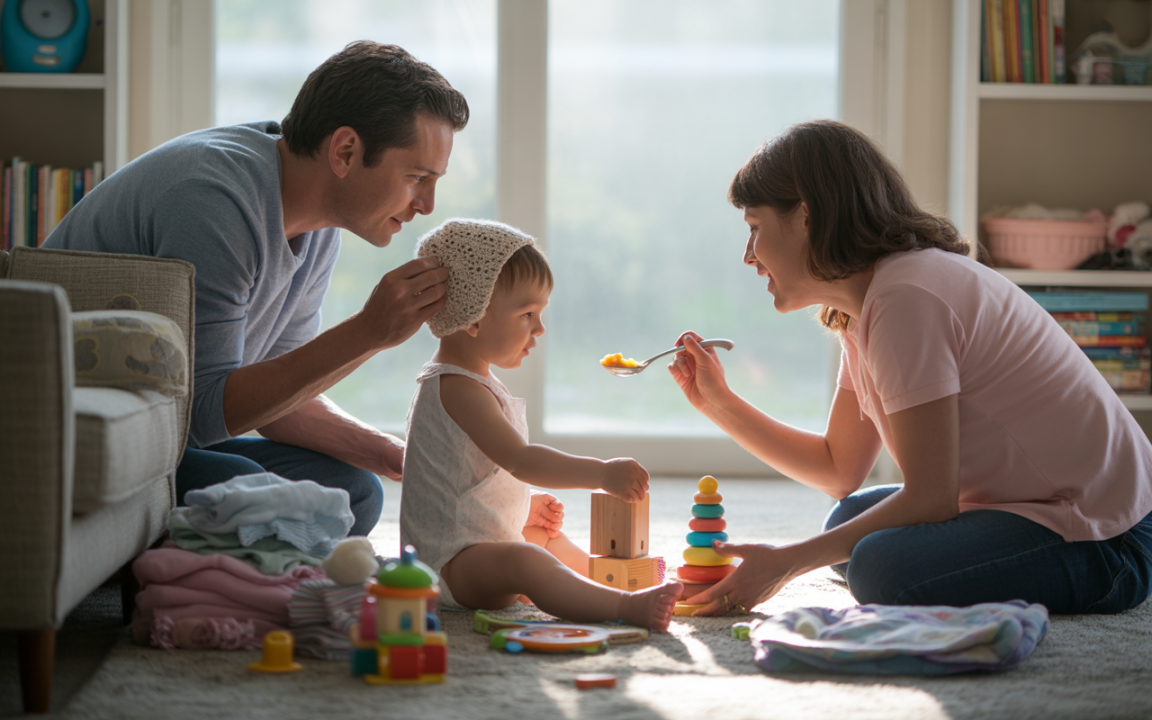 Une petite fille joue avec ses parents dans un salon lumineux, entourée de jouets colorés et d'affaires d'enfants.