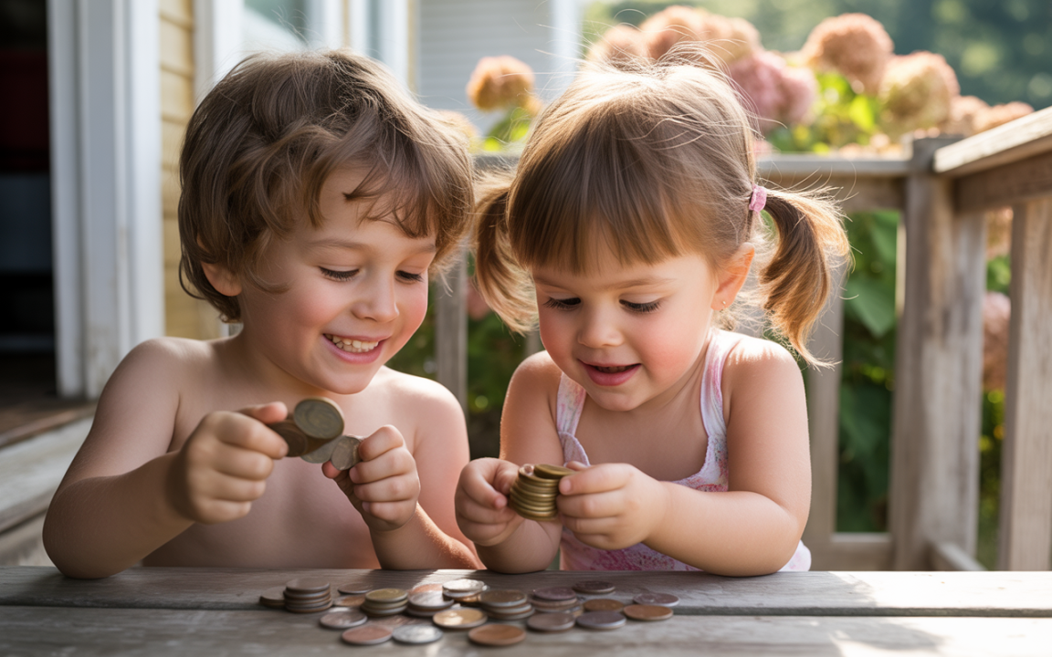 Deux enfants souriants jouent avec des pièces de monnaie sur une table en bois, capturant un moment joyeux en plein air.