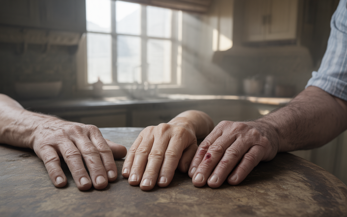 Trois mains reposent sur une table en bois dans une cuisine lumineuse, une des mains présente une légère blessure.