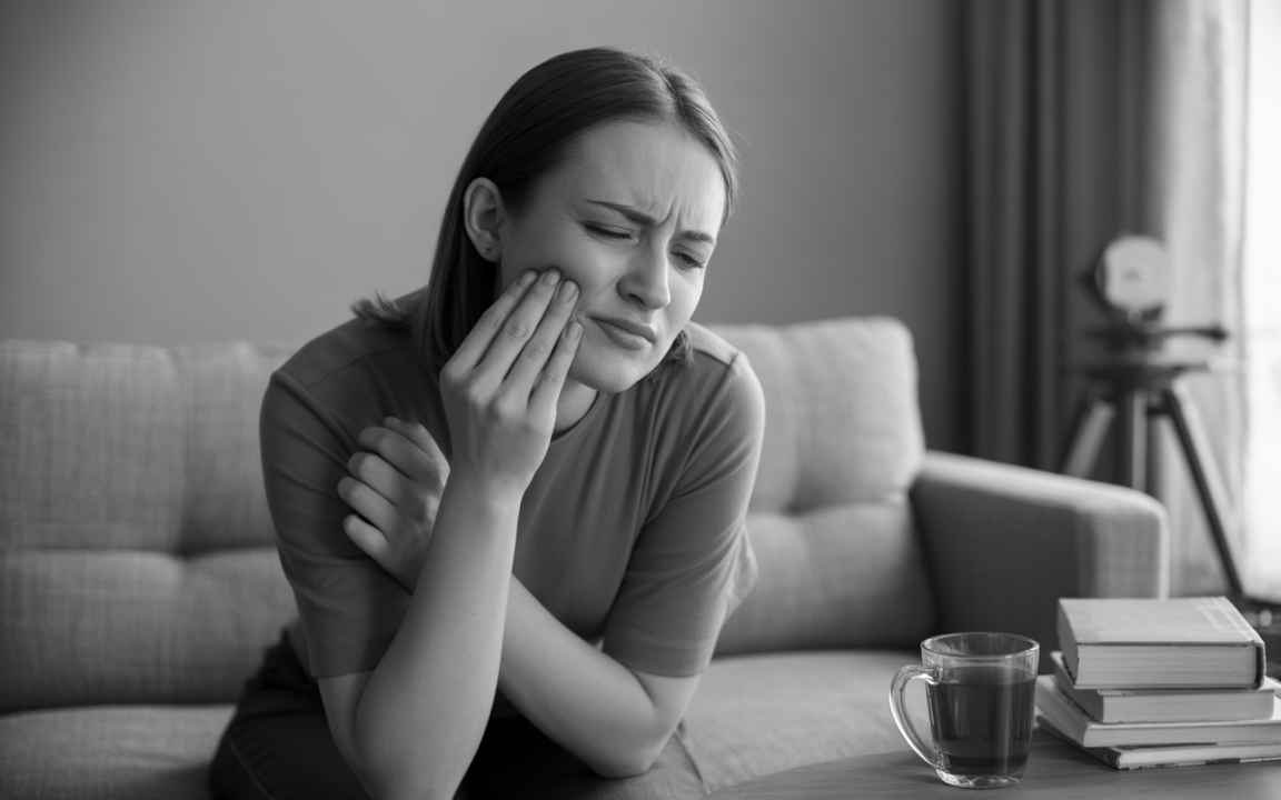 Femme assise sur un canapé, se tenant la joue avec une expression de douleur. Une tasse et des livres sont sur la table.