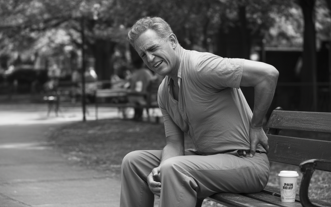 Homme assis sur un banc, se tenant le dos avec une grimace, une tasse de café à côté de lui. Image en noir et blanc.