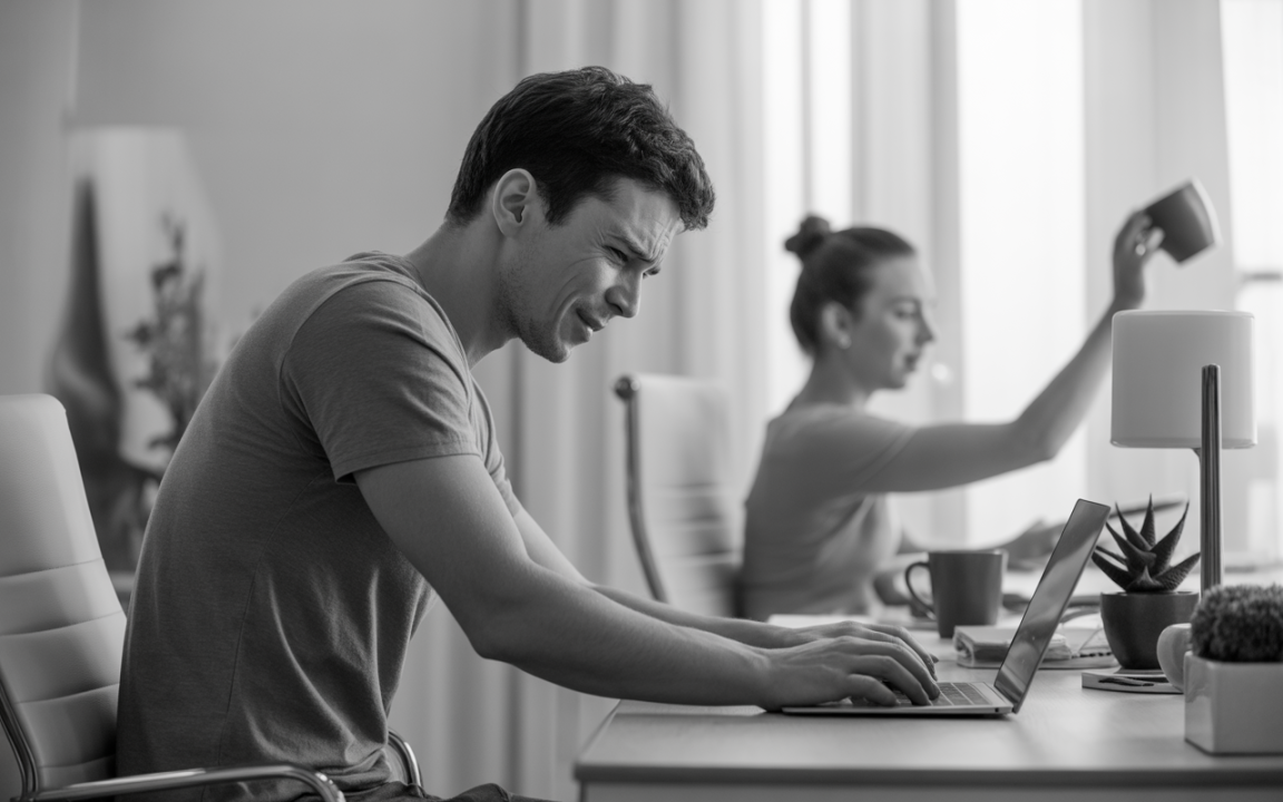 Un homme grimace en utilisant un ordinateur portable, tandis qu'une femme en arrière-plan lève une tasse dans un bureau lumineux.