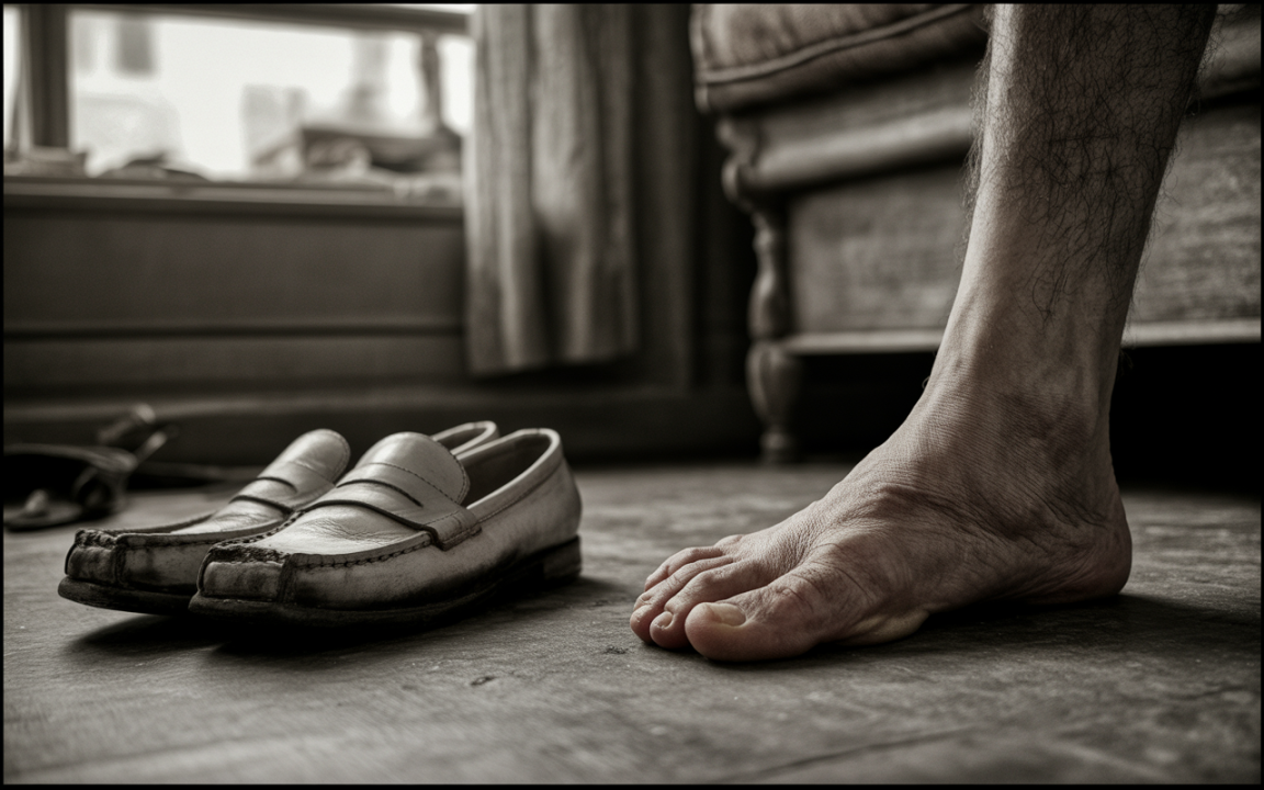 Un pied nu à côté de chaussures en cuir usées, sur un sol en bois, dans un intérieur lumineux et chaleureux.