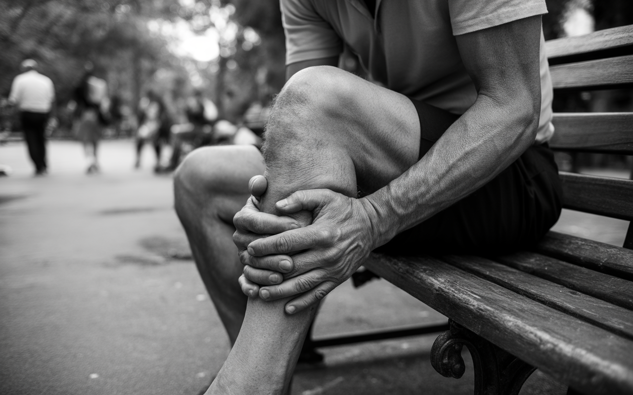 Un homme assis sur un banc, tenant son genou avec ses mains, semble éprouver une douleur. Ambiance en noir et blanc.