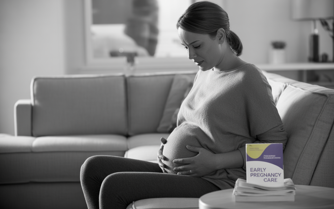 Femme enceinte assise sur un canapé, regardant son ventre, avec un livre sur le soin de la grossesse à côté d'elle.