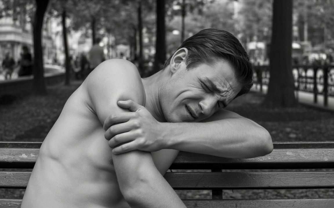 Un homme torse nu, assis sur un banc, grimace de douleur en se tenant l'épaule dans un parc.