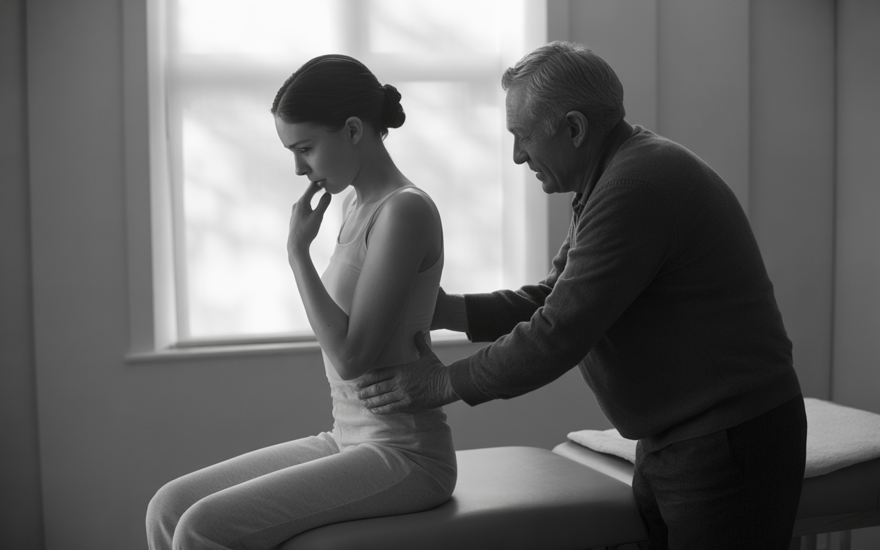 Un homme aide une femme assise sur une table de massage en lui tenant le dos, dans une ambiance calme et thérapeutique.