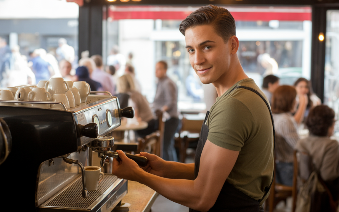 Serveur souriant préparer un café derrière un bar à café, avec des tasses blanches empilées sur la machine. Ambiance animée en arrière-plan.