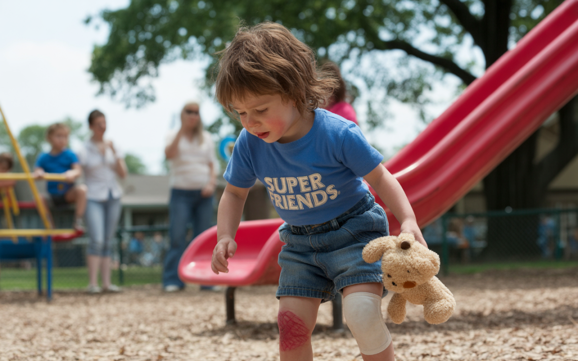Un enfant avec un t-shirt bleu "SUPER FRIENDS" porte un ours en peluche, sur un terrain de jeu avec une glissade rouge.