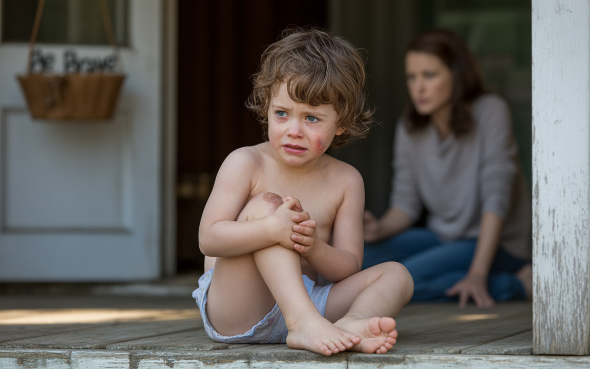 Un jeune enfant assis sur un porche en bois, visiblement triste et blessé, pendant qu'une femme est assise en arrière-plan.