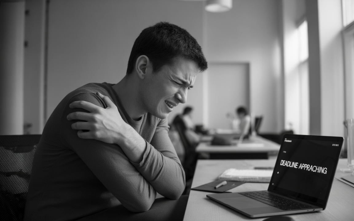 Un jeune homme au bureau se tient l'épaule, affichant une expression de douleur, tandis qu'un ordinateur portable affiche "DEADLINE APPROACHING".