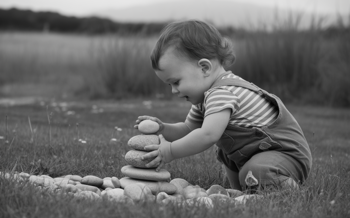 Un enfant joue dans un champ, empilant des pierres de différentes tailles avec une expression joyeuse. Fonds flou en noir et blanc.