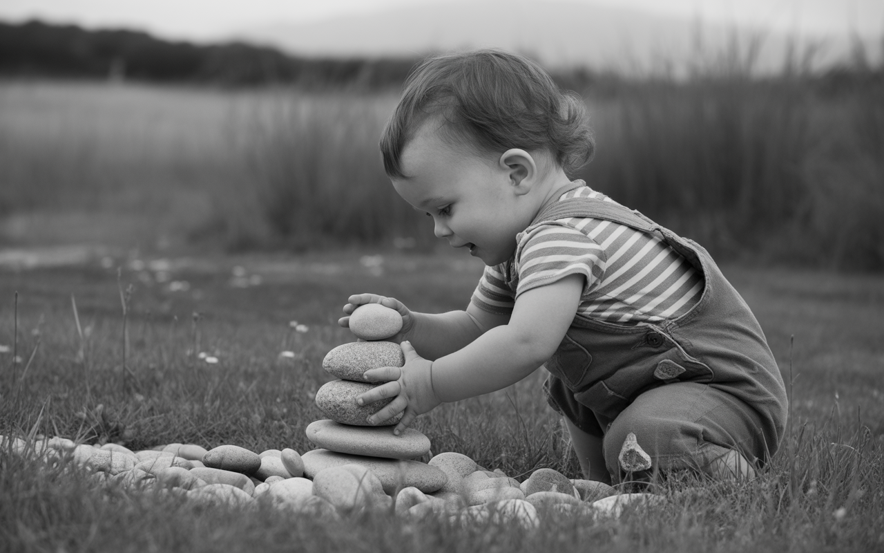 Un enfant joue dans un champ, empilant des pierres de différentes tailles avec une expression joyeuse. Fonds flou en noir et blanc.