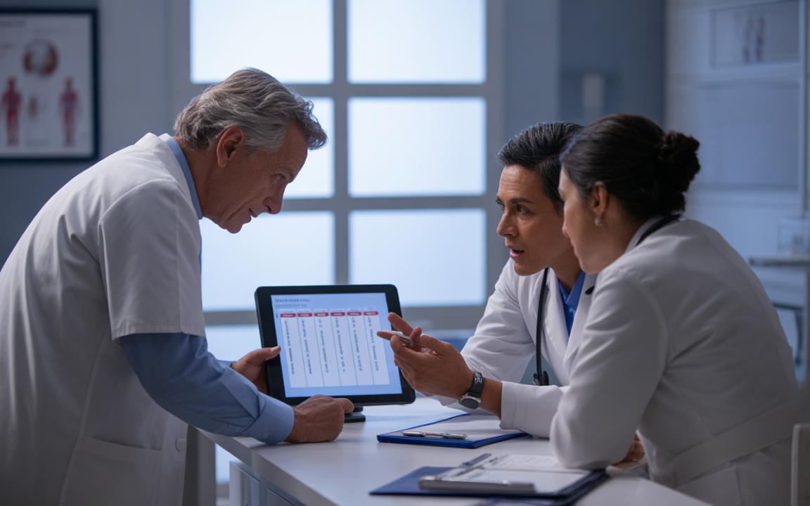 Trois professionnels de santé discutent autour d'une tablette dans un cabinet médical, examinant des données sur les patients.
