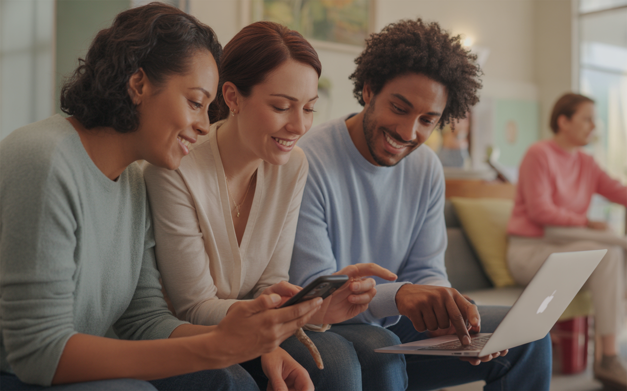 Trois personnes souriantes utilisent des appareils électroniques dans un espace convivial, tandis qu'une quatrième personne est assise en arrière-plan.