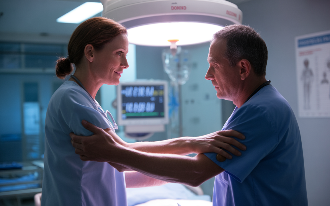 Deux professionnels de la santé en blouse discutent avec empathie dans un hôpital, sous une lumière médicale. Écran en arrière-plan.