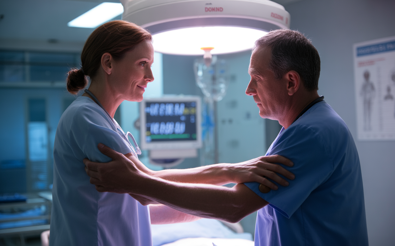 Deux professionnels de la santé en blouse discutent avec empathie dans un hôpital, sous une lumière médicale. Écran en arrière-plan.