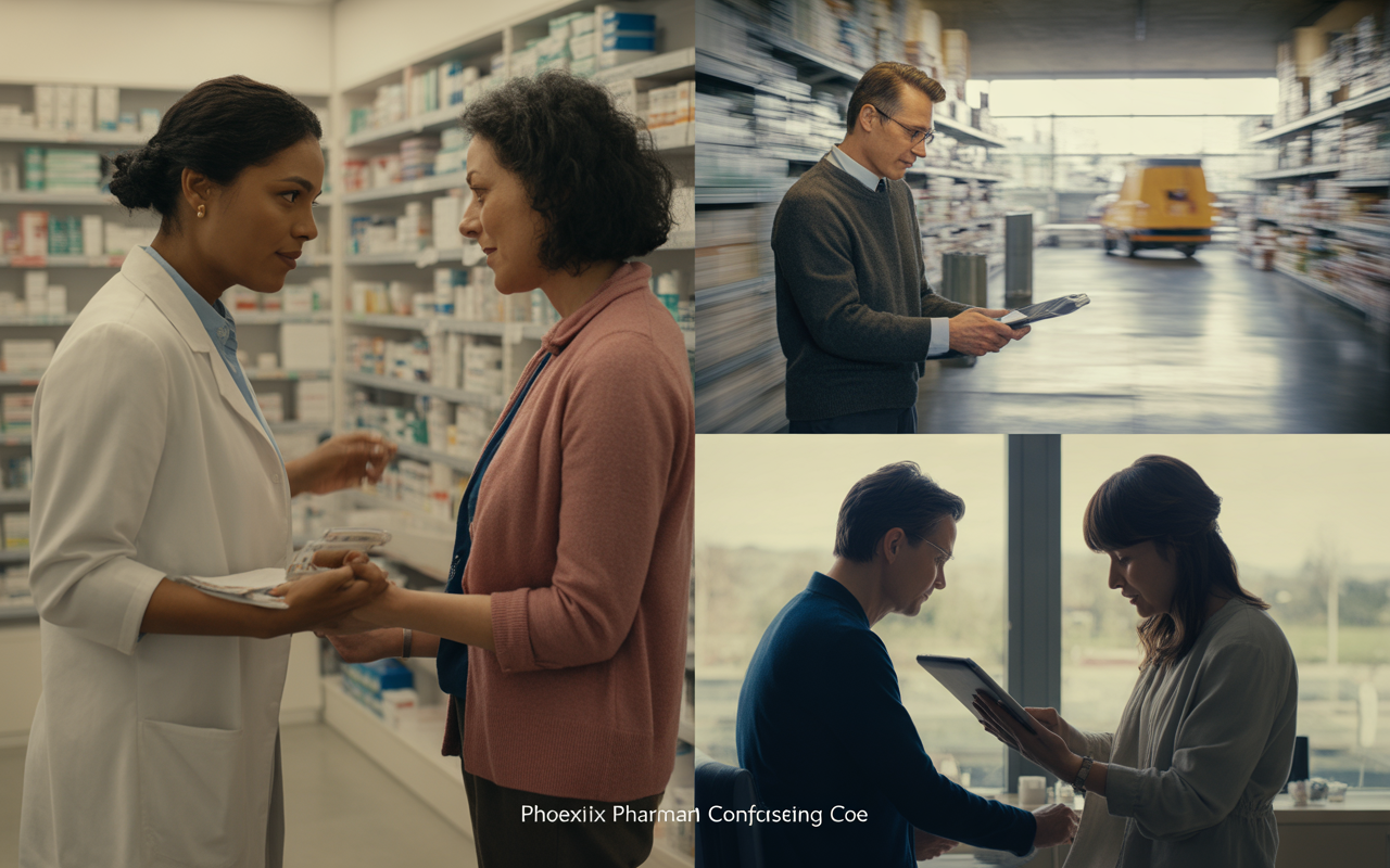 Images de professionnels de santé échangeant des informations dans une pharmacie, avec des interactions amicales et un environnement bien organisé.