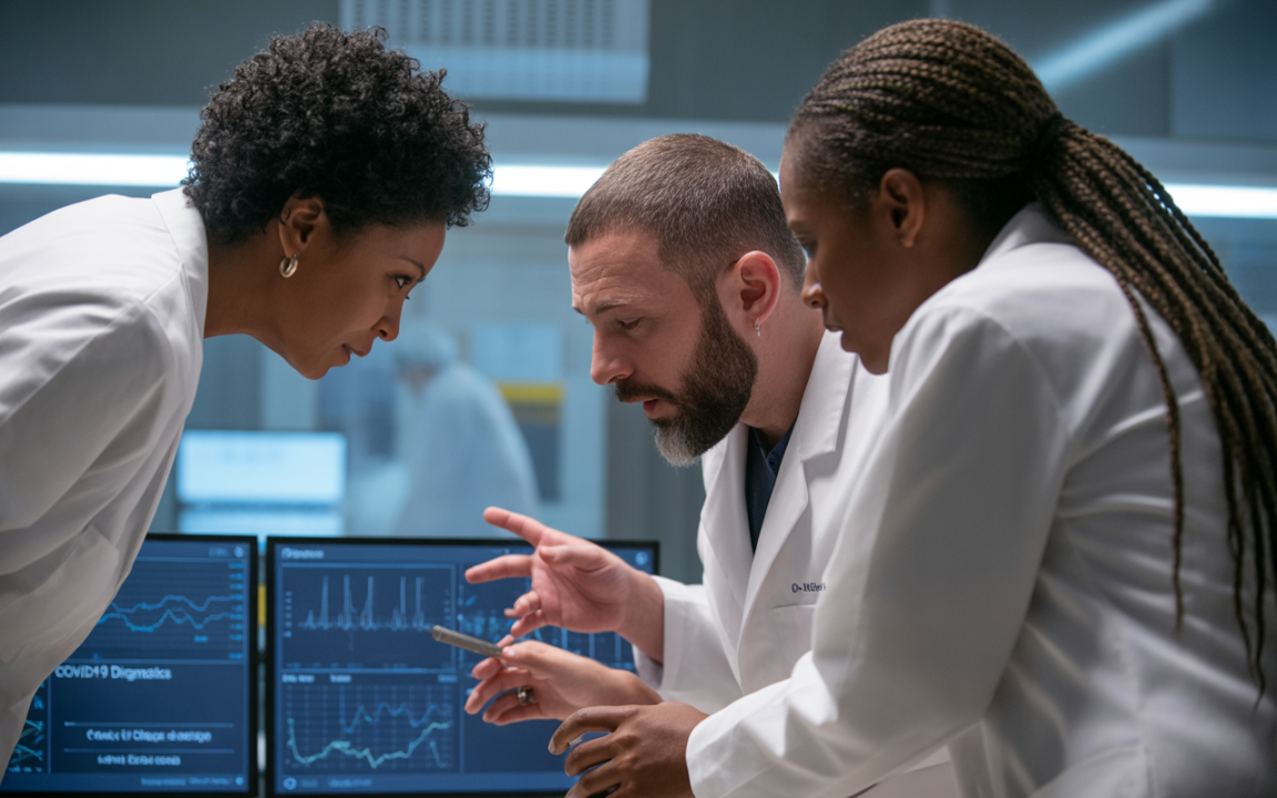Trois professionnels de la santé examinent des données sur des écrans, montrant des graphiques et des analyses, dans un laboratoire moderne.