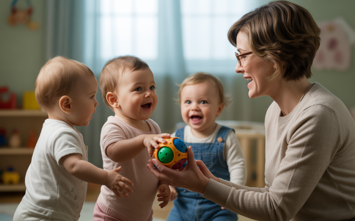 Un adulte souriant interagit avec trois jeunes enfants, jouant avec une balle colorée dans un environnement lumineux et ludique.