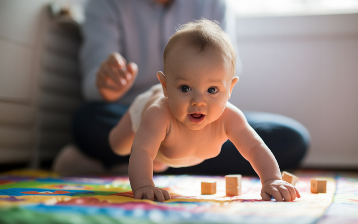 Un bébé souriant est à quatre pattes sur un tapis coloré, des blocs en bois autour de lui, avec un adulte en arrière-plan.