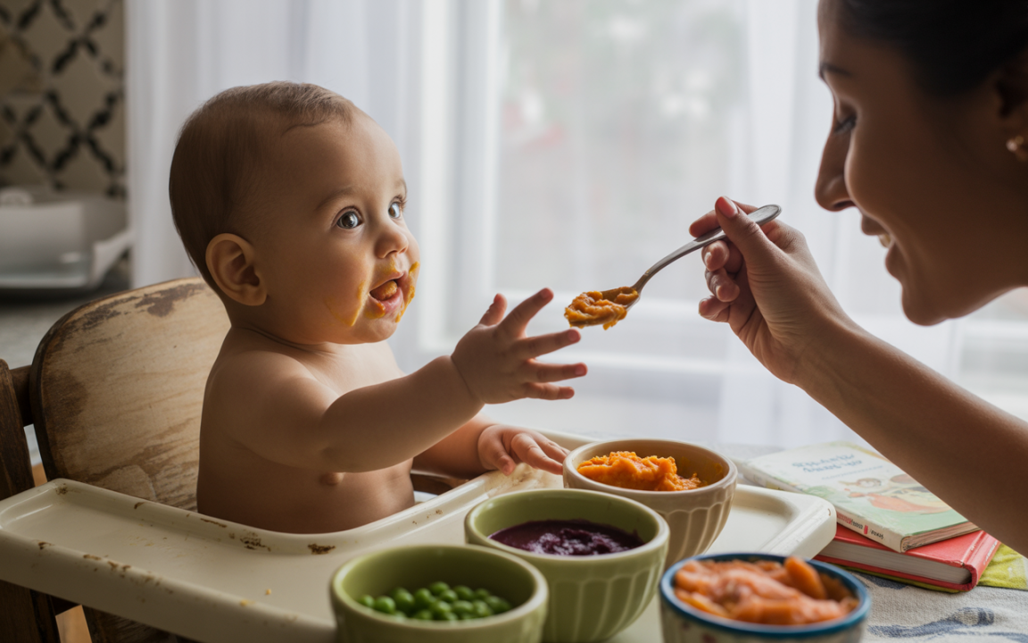 Un bébé assis dans une chaise haute tend la main vers une cuillère, un visage couvert de nourriture, pendant qu'une mère l'alimente.