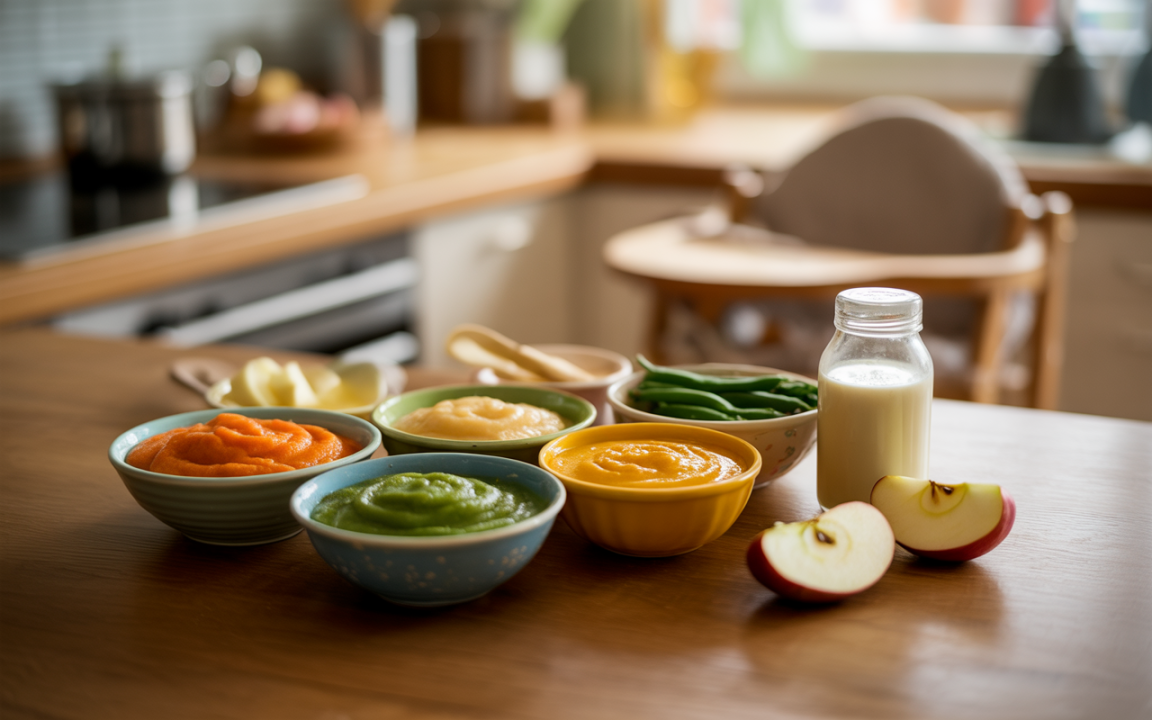 Bol contenant diverses purées de légumes, un verre de lait et des pommes tranchées sur une table en bois dans une cuisine lumineuse.