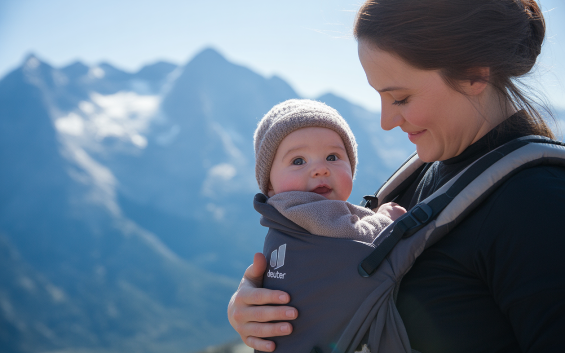 Une maman souriante porte un bébé dans un porte-bébé, avec des montagnes enneigées en arrière-plan sous un ciel bleu.