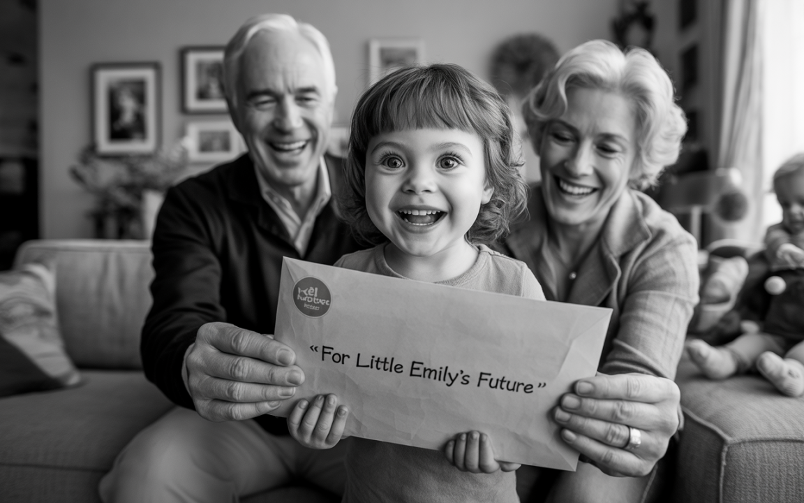 Un enfant souriant tient une lettre avec le texte "Pour l'avenir de la petite Emily", entouré de ses grands-parents heureux.