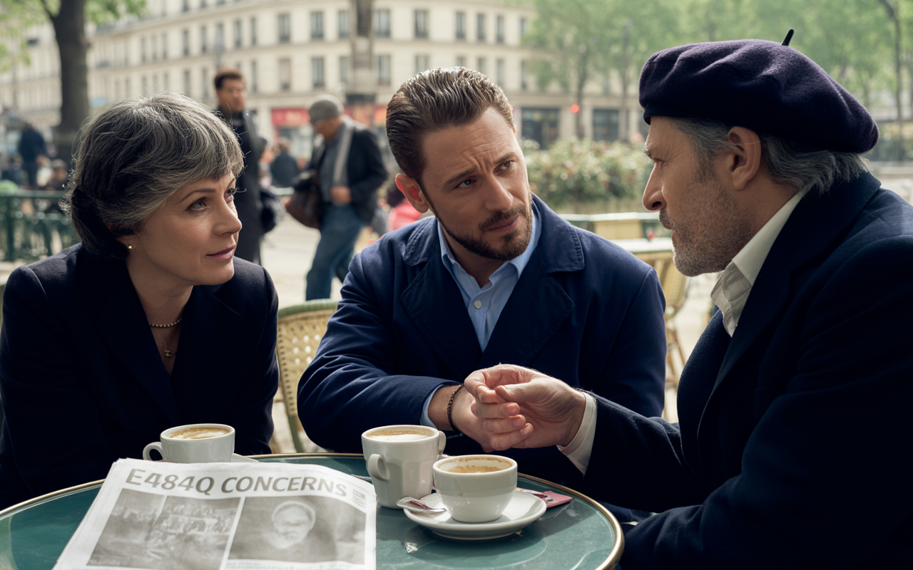 Trois personnes discutent autour d'une table en terrasse, avec des tasses de café et un journal. Paris en arrière-plan.