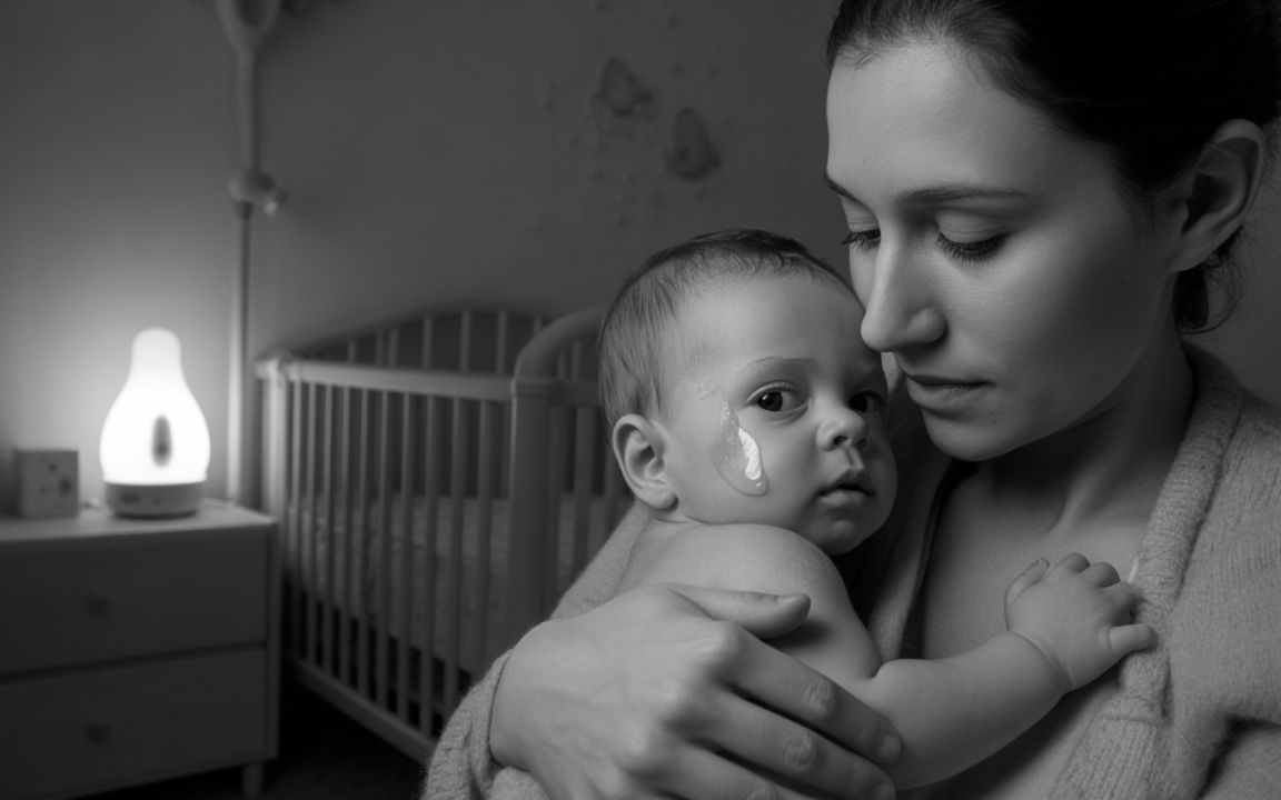 Une mère serre son bébé dans ses bras, l'éclairage doux d'une lampe et un lit à barreaux en arrière-plan.