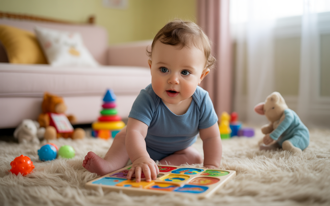 Bébé joué sur un tapis, manipulant un puzzle coloré. Jouets éparpillés autour, avec un canapé en arrière-plan. Ambiance lumineuse et chaleureuse.