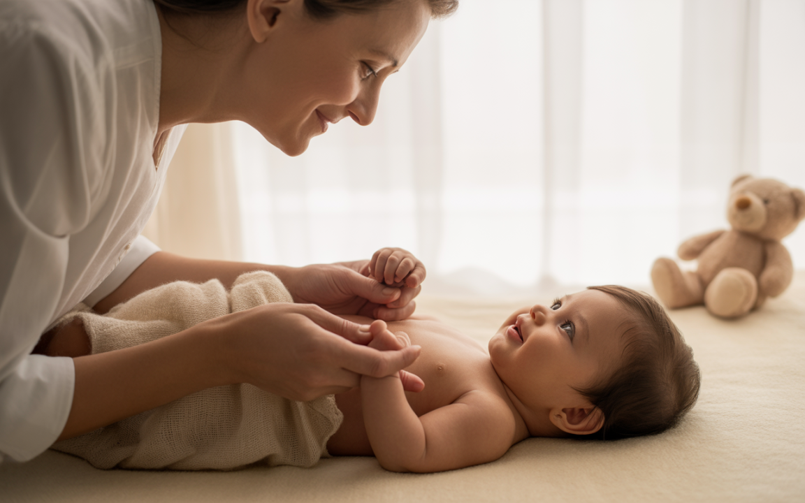 Une femme souriante interagit tendrement avec un bébé sur un lit, un ours en peluche en arrière-plan. Douceur et complicité.