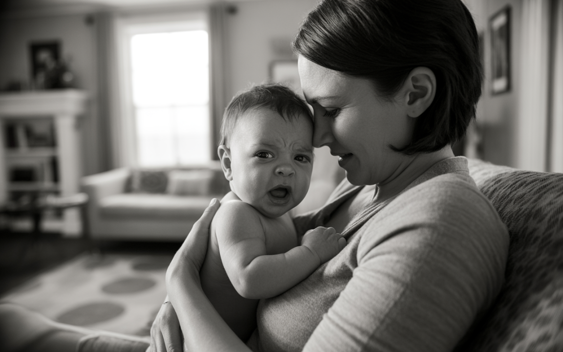 Une mère tient son bébé dans ses bras, partageant un moment affectueux dans un intérieur lumineux et chaleureux. Noir et blanc.