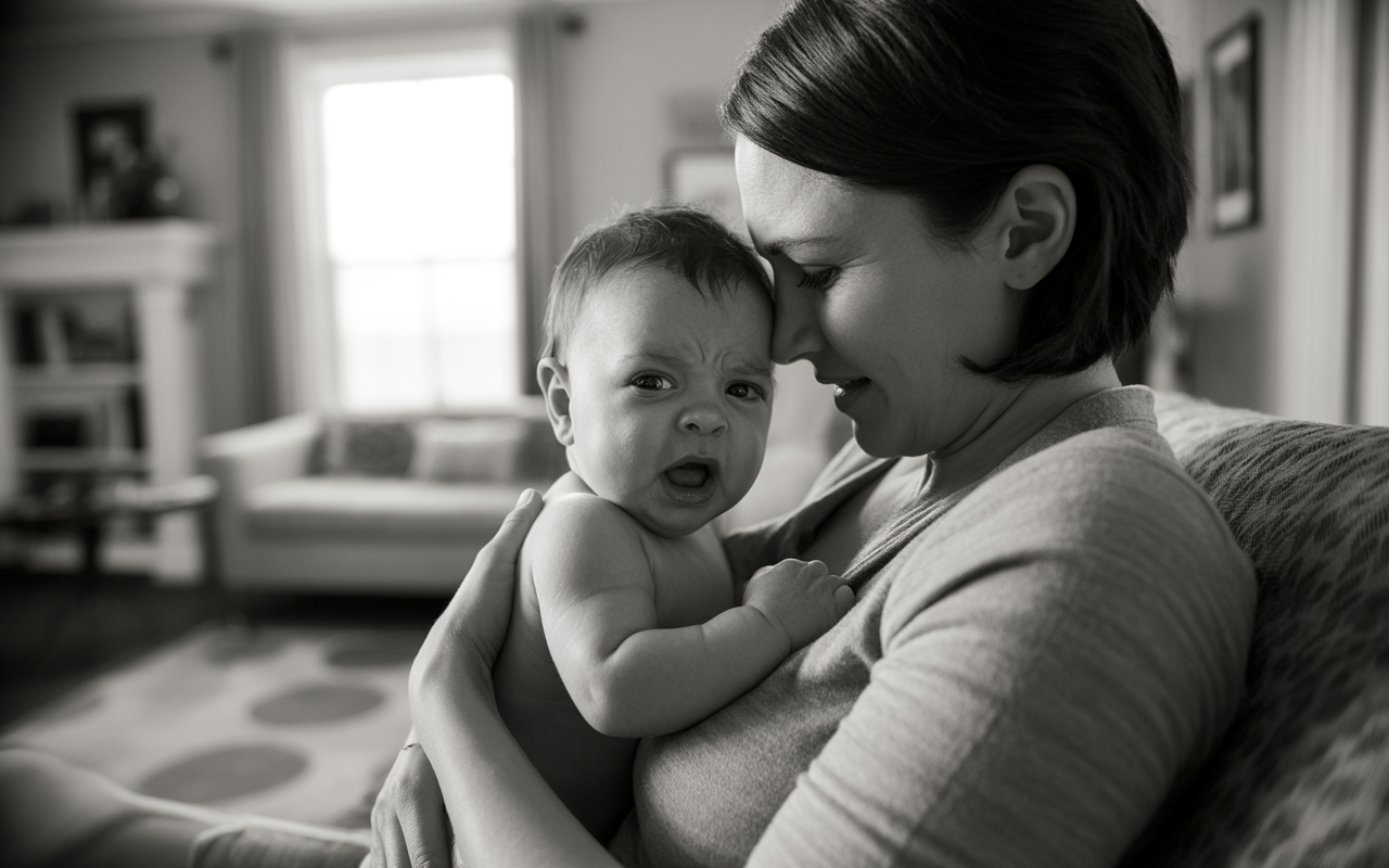 Une mère tient son bébé dans ses bras, partageant un moment affectueux dans un intérieur lumineux et chaleureux. Noir et blanc.