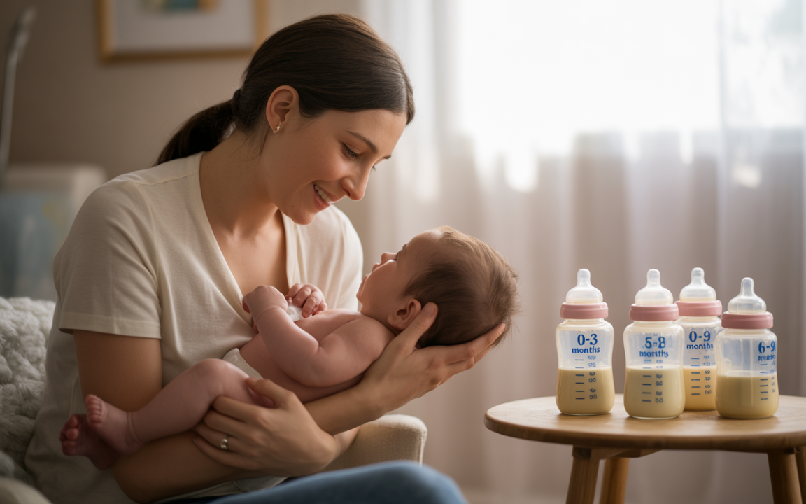 Maman souriante tient un bébé dans ses bras, avec des biberons de lait en poudre sur une table près d'eux.