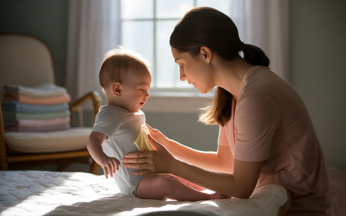 Une mère s'occupe tendrement de son bébé, assis sur un lit, dans une pièce lumineuse avec des serviettes pliées à l'arrière-plan.