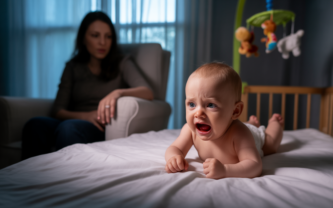Un bébé pleurant sur un lit, tandis qu'une mère distante est assise sur un fauteuil, regardant. Décor intérieur apaisant.