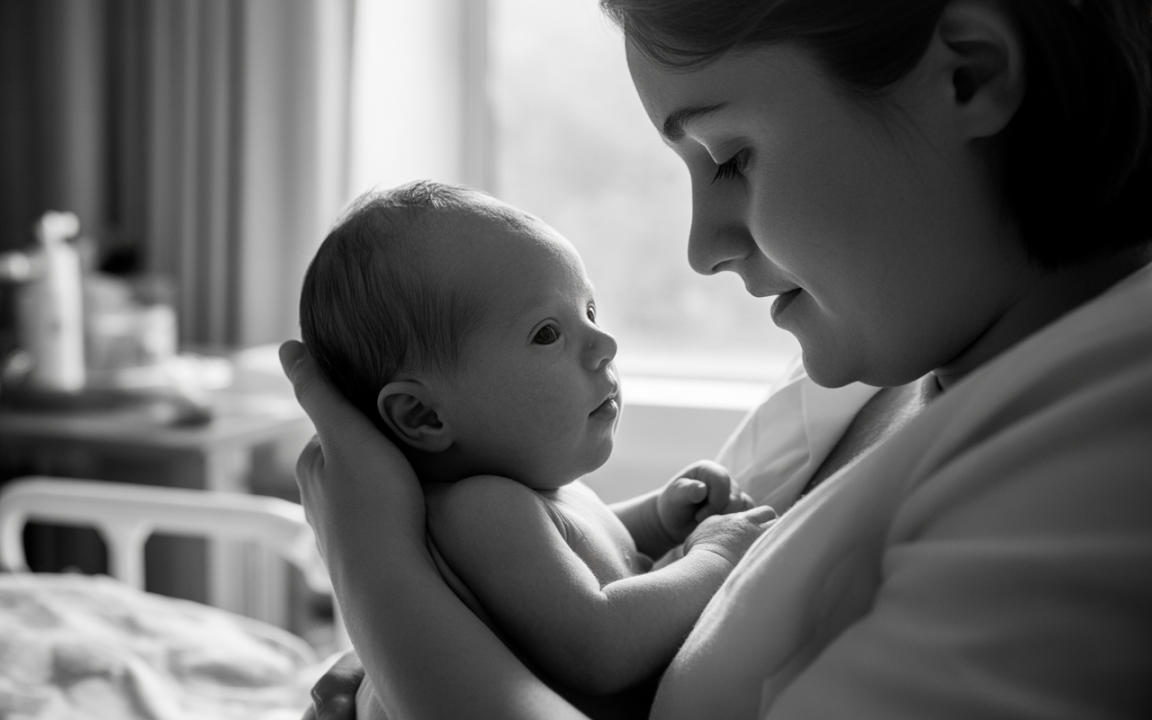 Une femme souriante tient un bébé dans ses bras, échangeant un regard complice dans une ambiance douce et lumineuse en noir et blanc.