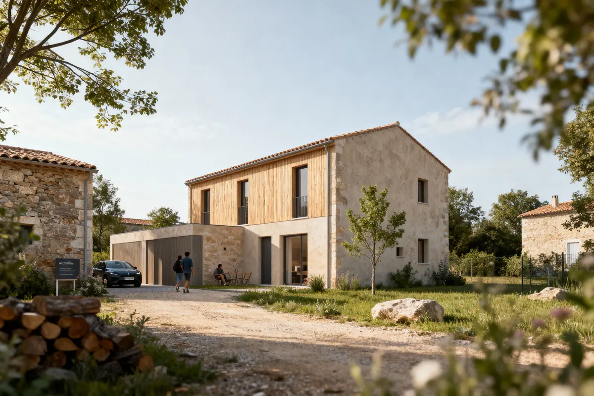 Maison moderne en pierre, jardin devant, deux personnes marchant, voiture noire garée, arbres en arrière-plan.