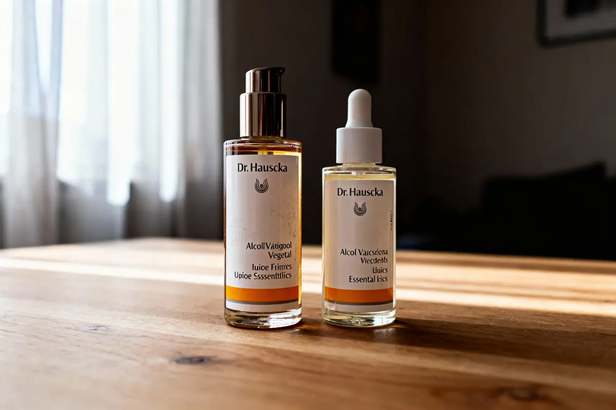 Deux flacons cosmétiques Dr. Hauschka sur une table en bois, éclairés par la lumière naturelle d'une fenêtre.