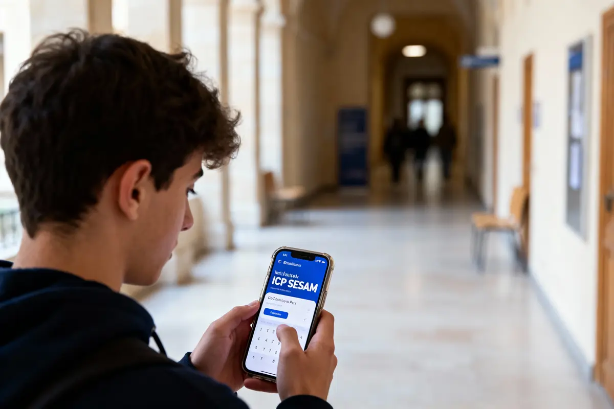 Jeune homme utilisant smartphone dans un couloir, écran affichant ICP SESAM, intérieur lumineux et moderne.