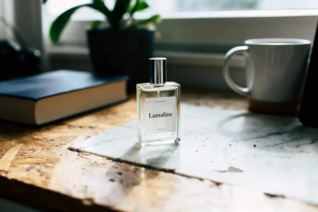 Bouteille de parfum Lamaline sur table, livre, plante et tasse en arrière-plan, éclairage naturel.
