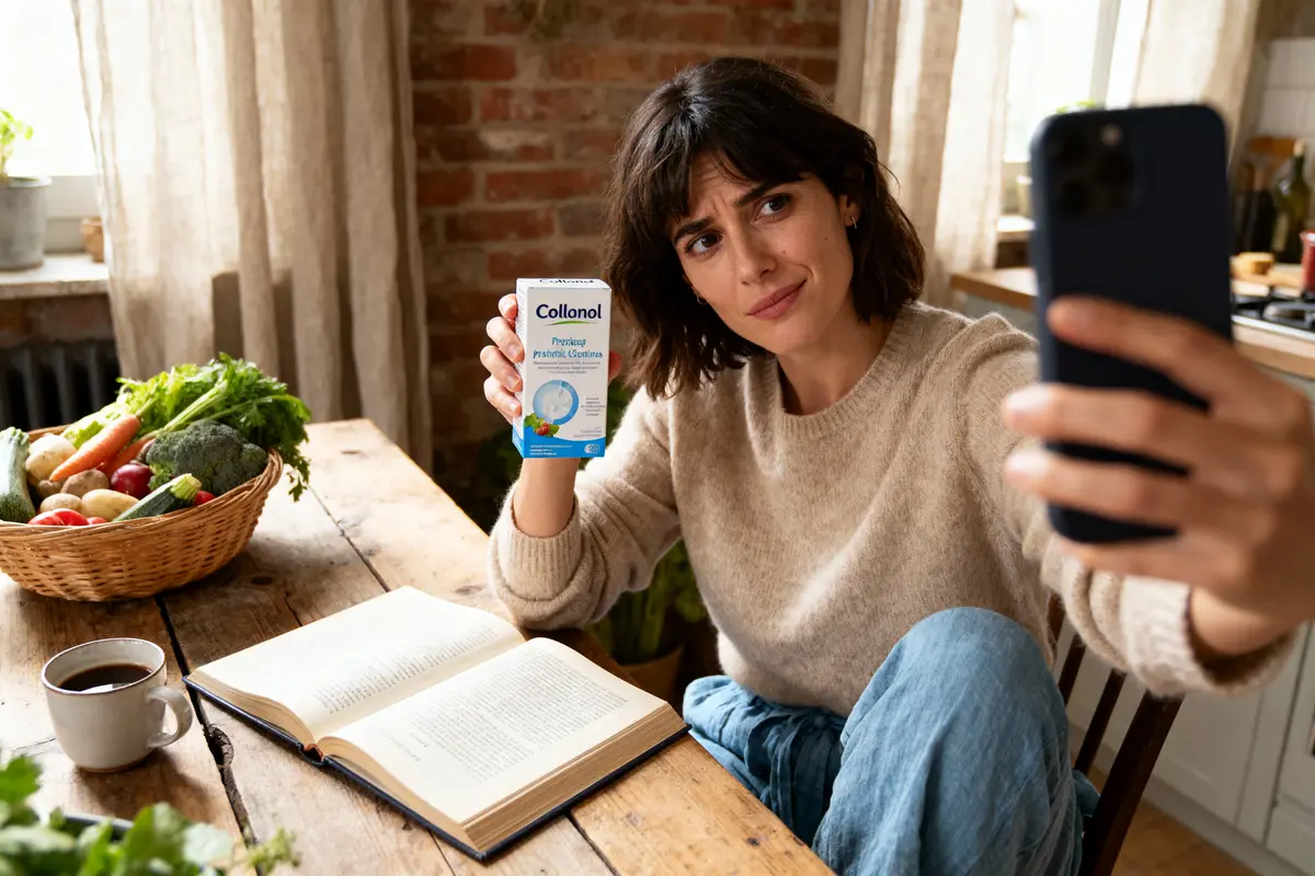 Femme prenant un selfie avec produit Collonol, table avec livre, légumes, tasse de café.