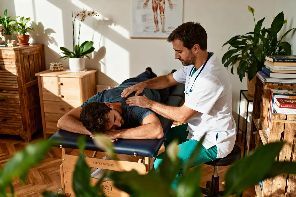 Homme allongé sur une table de massage, thérapeute travaillant dans un cabinet avec plantes et livres.